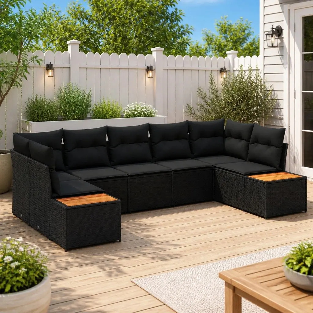 Garden Sofa Set 7 Pcs Black Poly Rattan Outdoor Furniture with Cushions Modular
