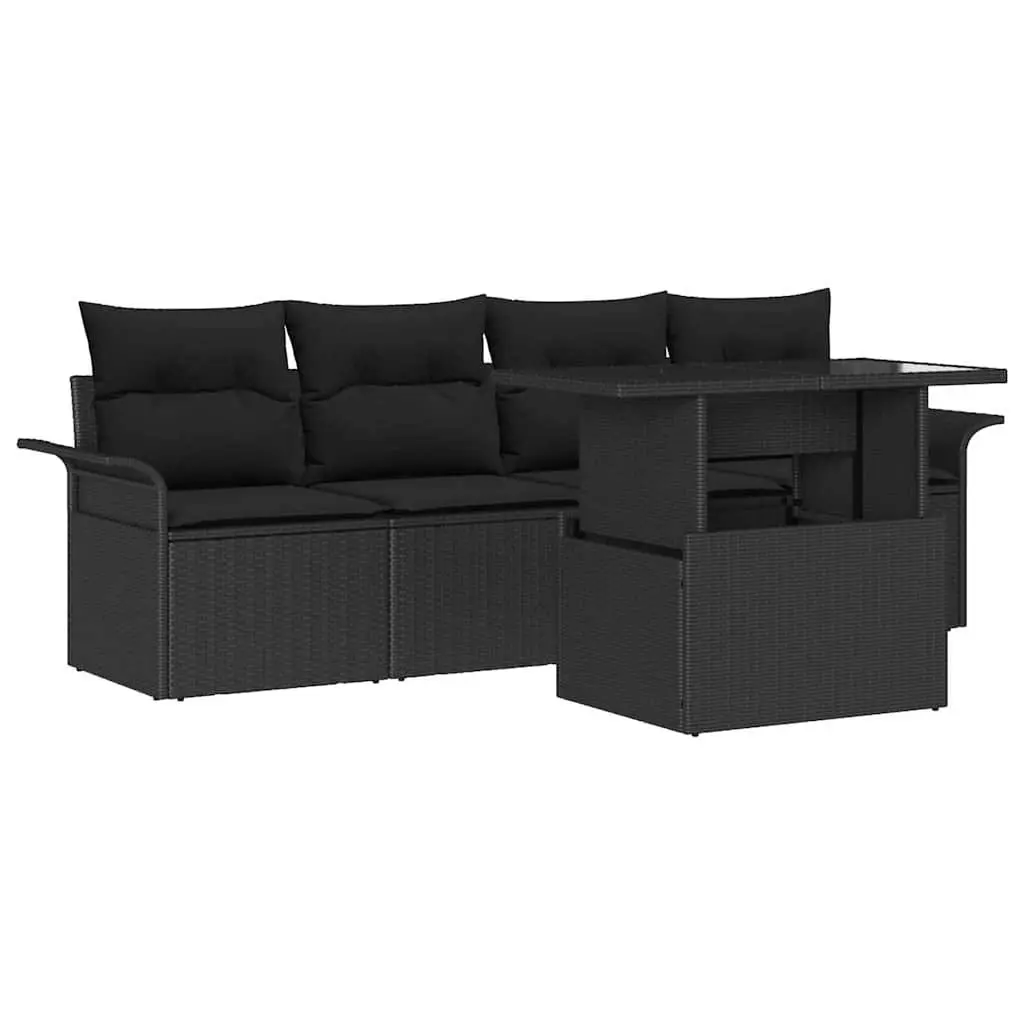 5 Piece Outdoor Sofa Set Weather Resistant Black Poly Rattan with Cushions Durable Steel Frame
