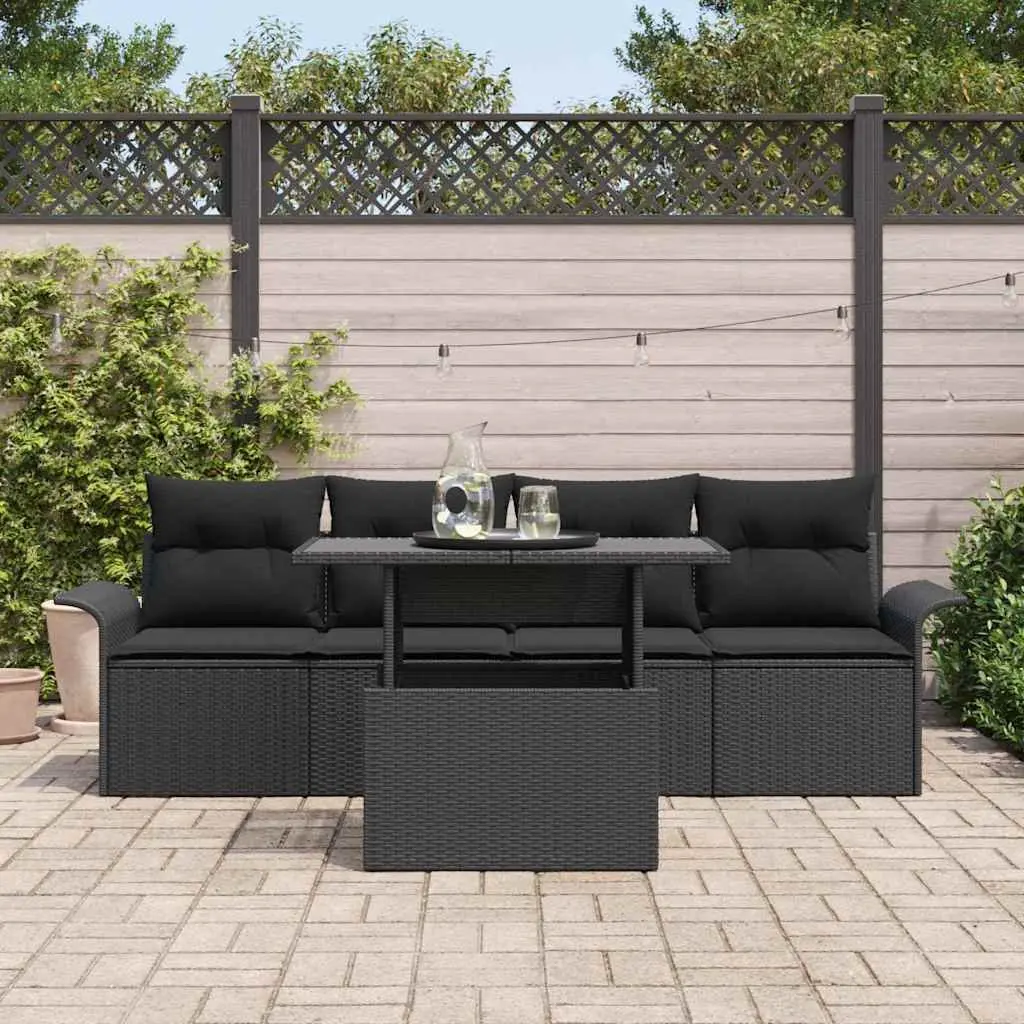 5 Piece Outdoor Sofa Set Weather Resistant Black Poly Rattan with Cushions Durable Steel Frame