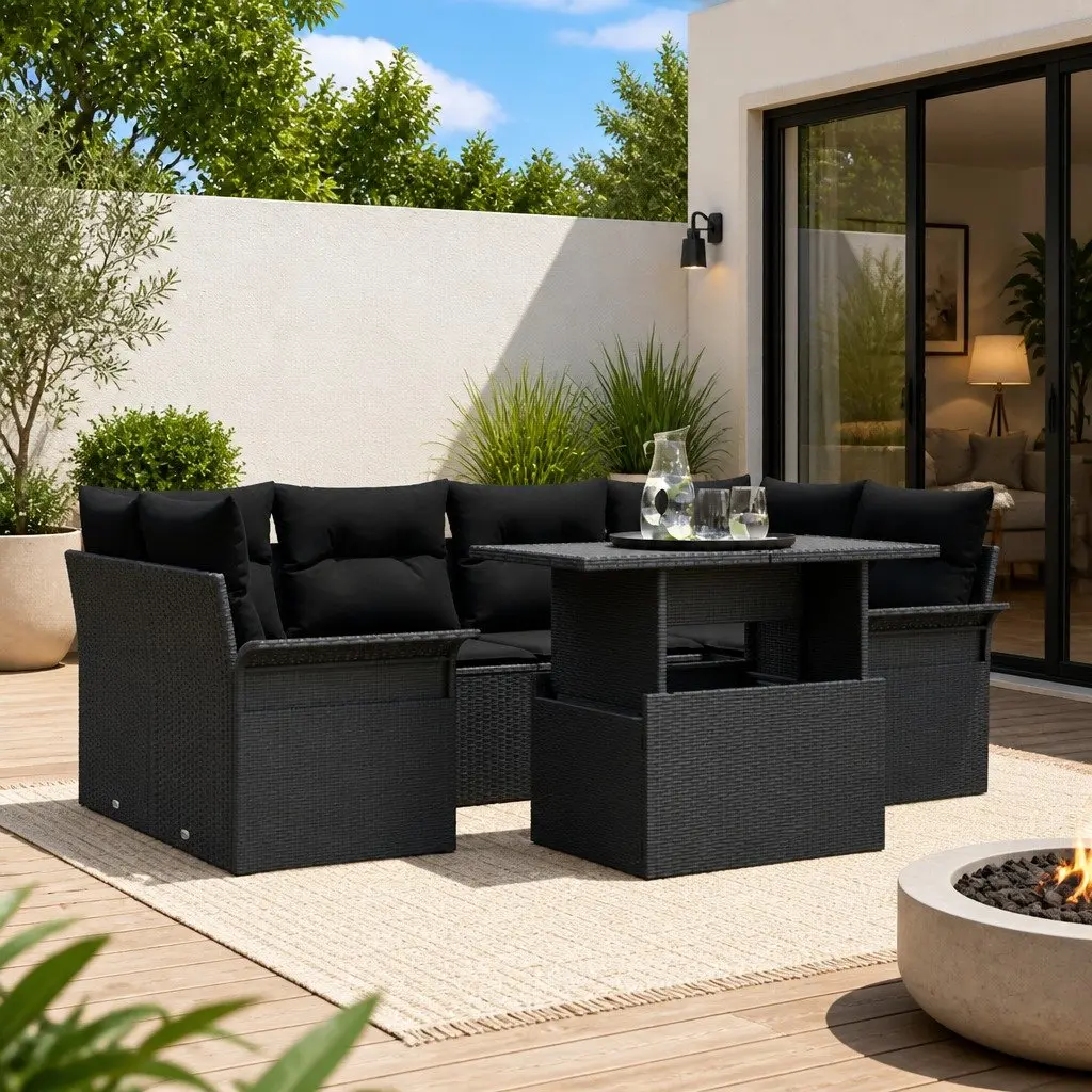 Garden Sofa Set Modular Poly Rattan 7 Pieces Black