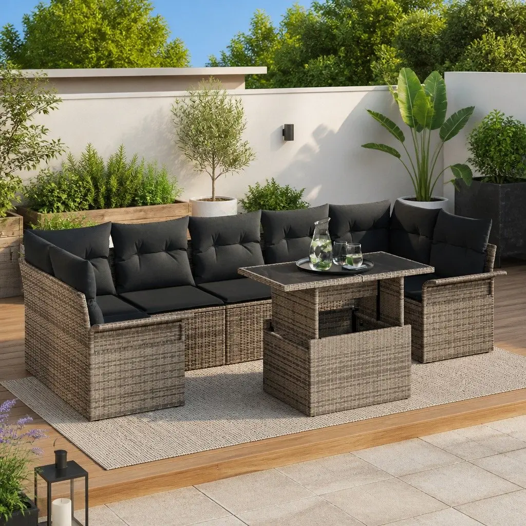 Outdoor Patio Furniture Set 8 Pieces Light Grey Modular Poly Rattan Acacia Wood