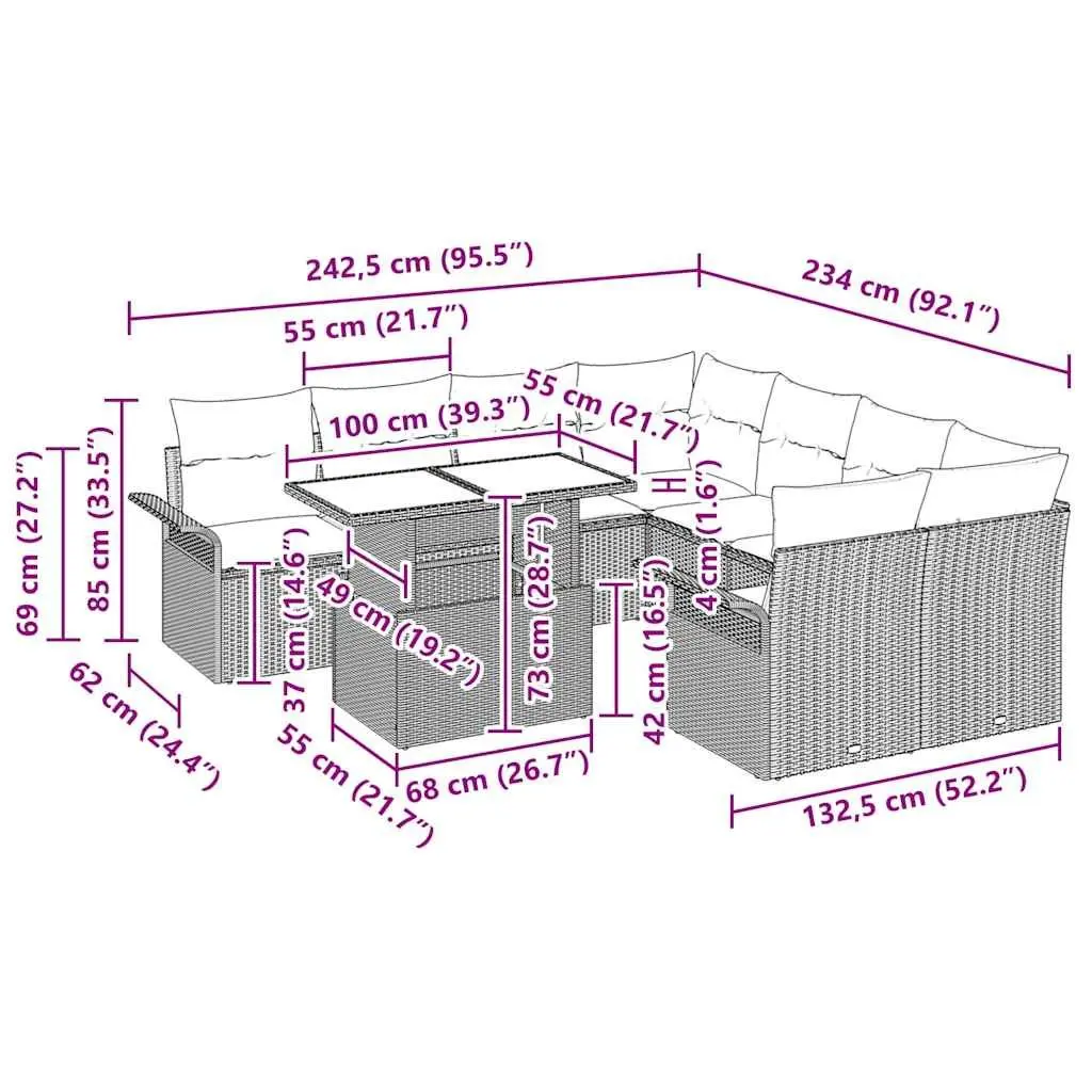 Outdoor Sofa Set Modular 9 Pieces Black Poly Rattan Furniture