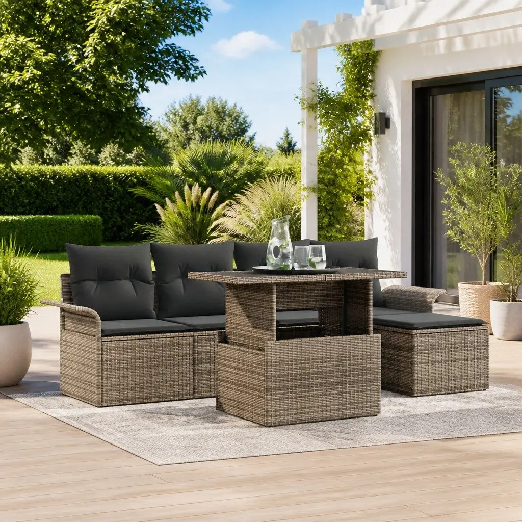 Garden Sofa Set Modular Poly Rattan Acacia Wood 6 Piece Light Grey