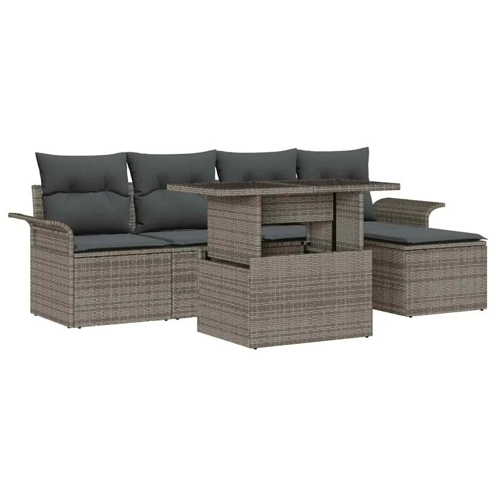Garden Sofa Set Modular Poly Rattan Acacia Wood 6 Piece Light Grey
