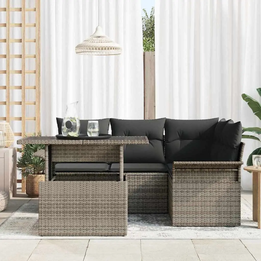 Modular Garden Sofa Set 5 pcs Grey Poly Rattan with Solid Acacia Wood Frame and Cushions