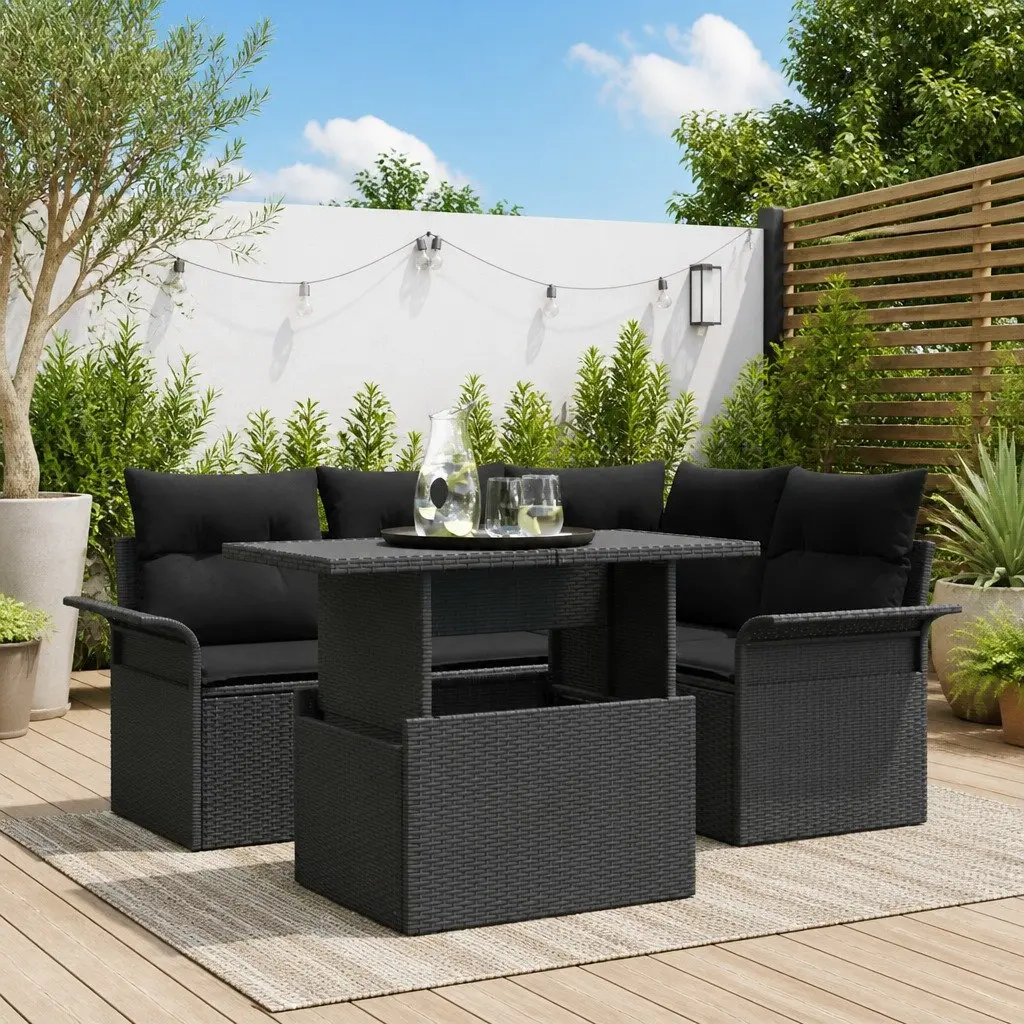 Garden Sofa Set Poly Rattan 5 Piece Modular Lounge Black with Cushions