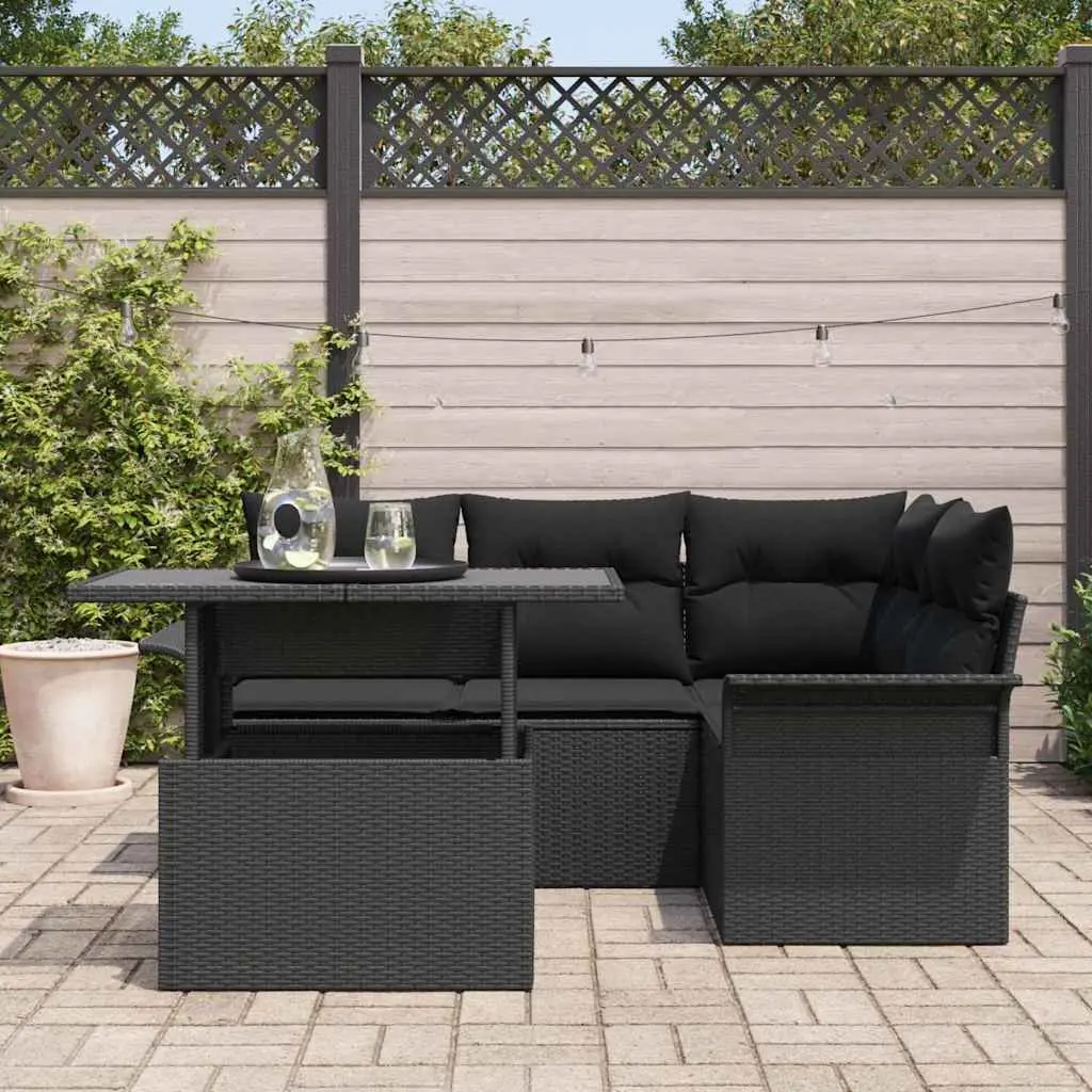 Garden Sofa Set Poly Rattan 5 Piece Modular Lounge Black with Cushions