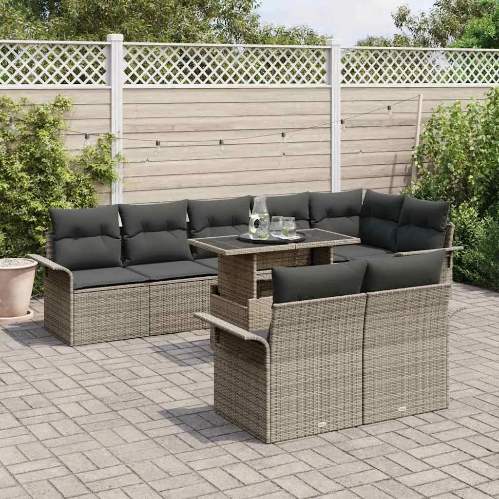 9PiecePolyRattanGardenSofaSetOutdoorLoungeLightGreyWithCushionsAdjustableTable