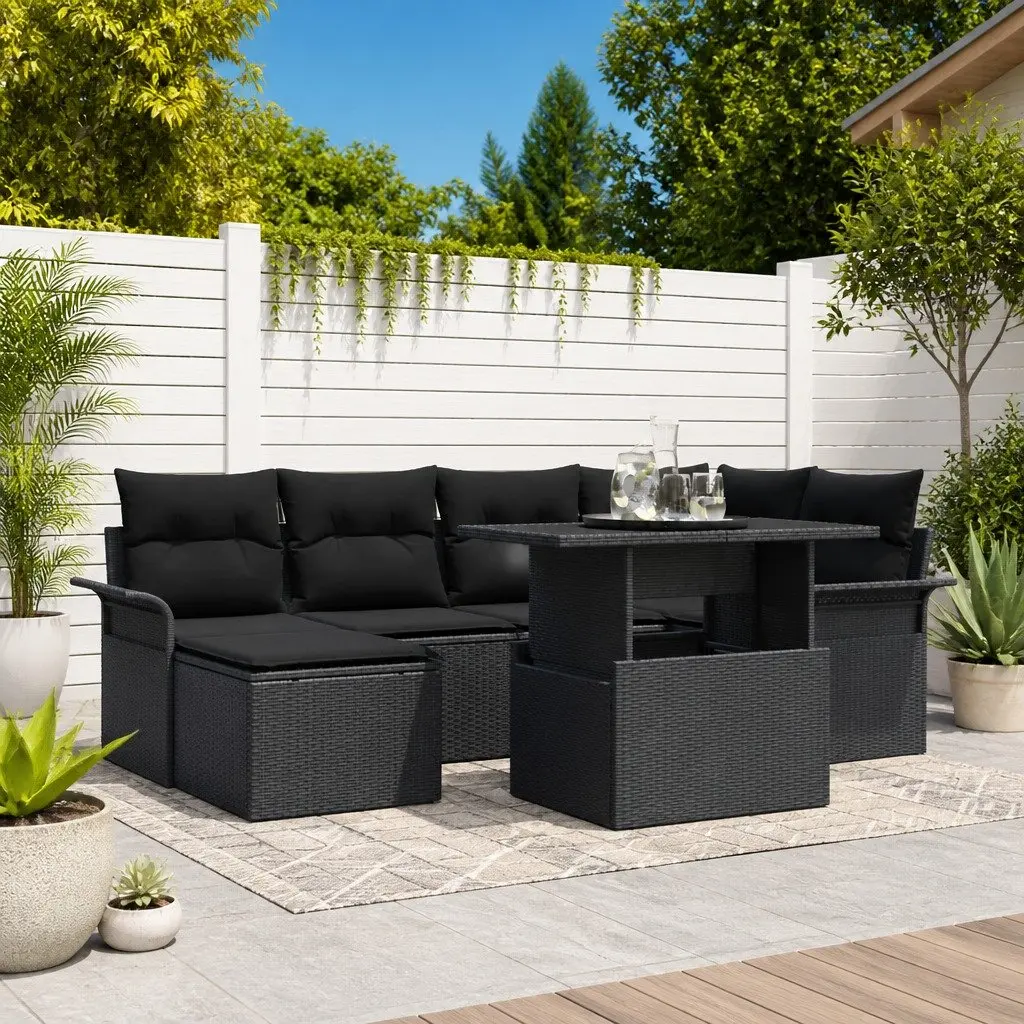 Garden Sofa Set Poly Rattan 7 Piece Black Outdoor Furniture with Cushions Glass Table