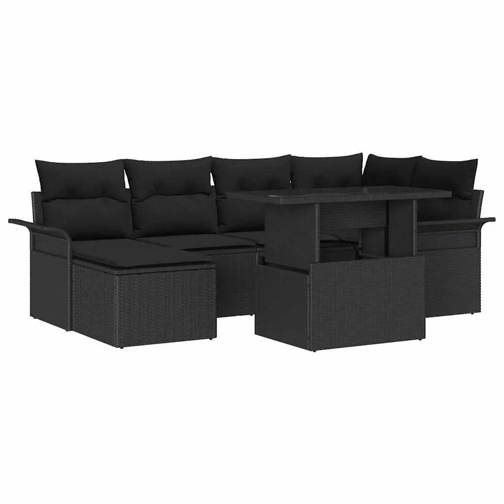 Garden Sofa Set Poly Rattan 7 Piece Black Outdoor Furniture with Cushions Glass Table