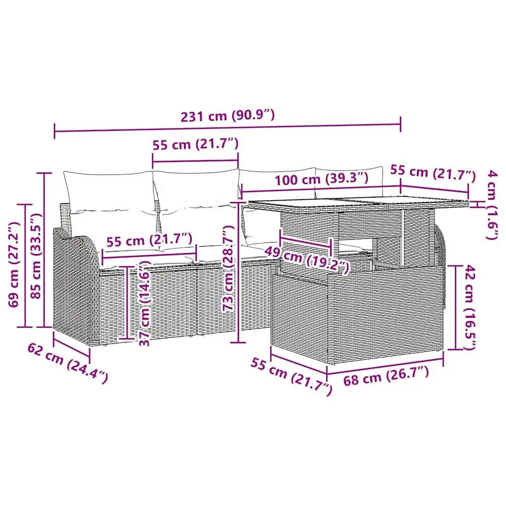 Outdoor Sofa Set Poly Rattan 5 Pieces Black with Cushions and Table