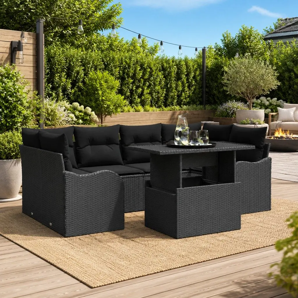 Outdoor Garden Sofa Set 7 Seater Black Poly Rattan Modular Lounge Furniture