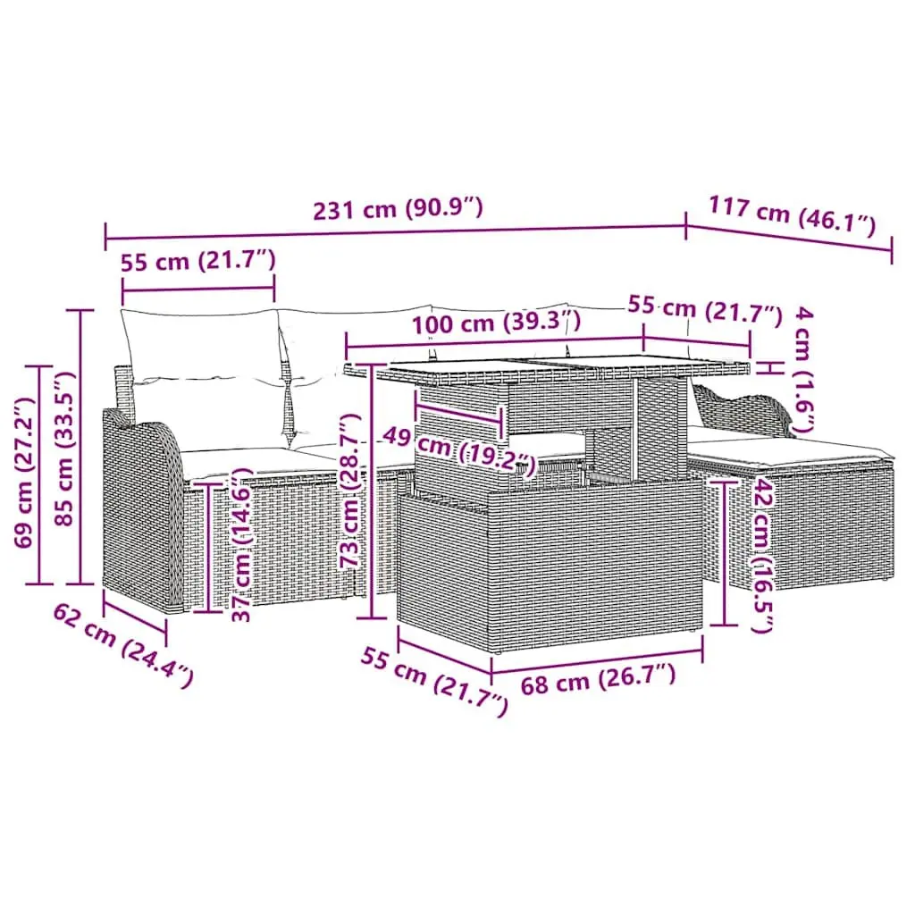 Outdoor Seating Set 6 Pcs Grey Poly Rattan Modular Garden Furniture with