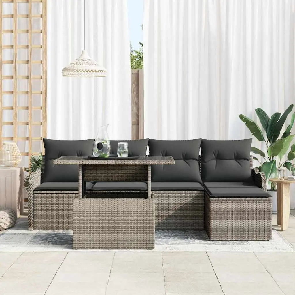 Outdoor Seating Set 6 Pcs Grey Poly Rattan Modular Garden Furniture with