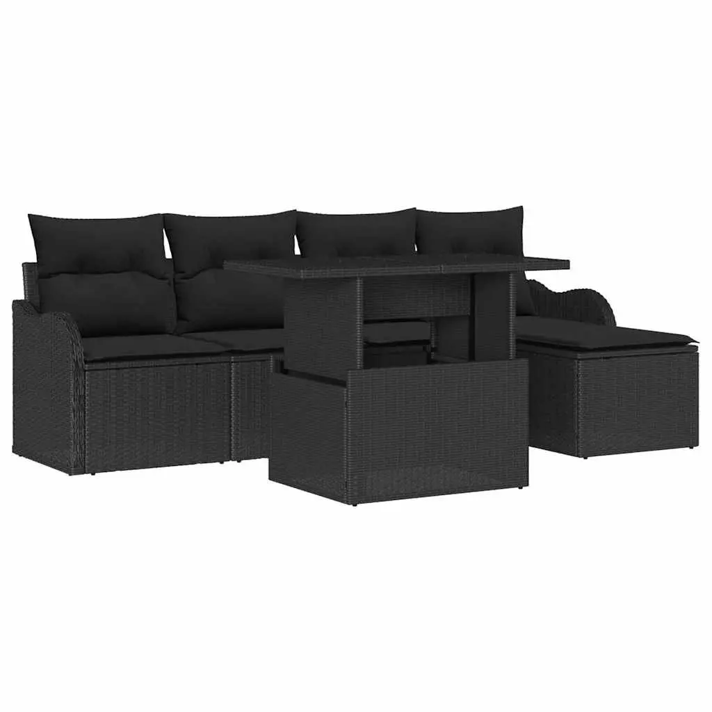 Outdoor Seating Set 6 Piece Black Poly Rattan Garden Furniture with Cushions