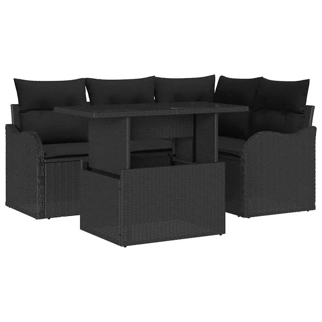 Outdoor Dining Set 5 Piece Black Poly Rattan Rectangular Table Chair Cushion