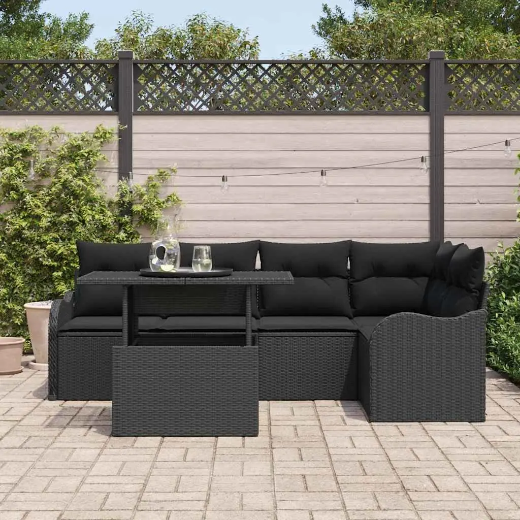 6 Piece Modular Outdoor Dining Set Black Poly Rattan Furniture with Glass Table Top