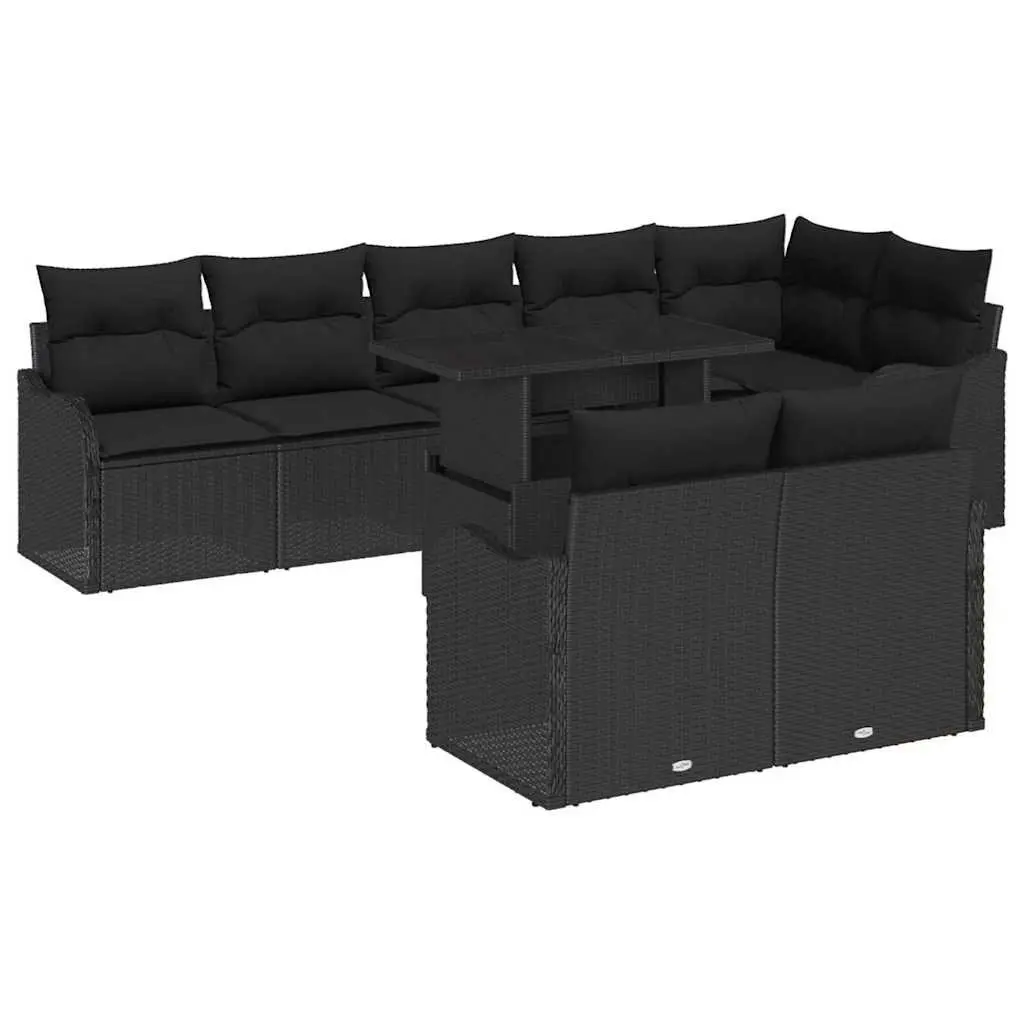 9 Piece Modular Sofa Set Black Poly Rattan Outdoor Furniture with Tempered Glass Table and Adjustable Feet for Garden and Patio