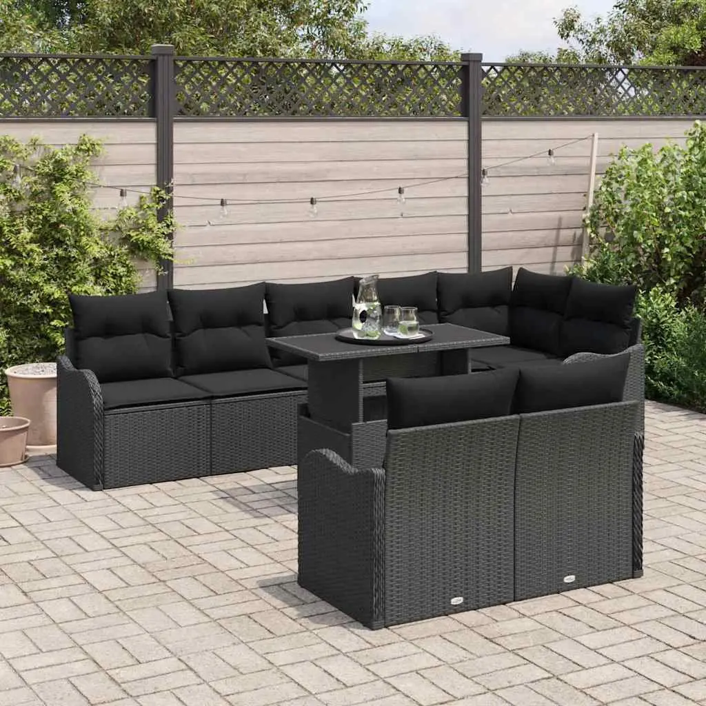 9 Piece Modular Sofa Set Black Poly Rattan Outdoor Furniture with Tempered Glass Table and Adjustable Feet for Garden and Patio