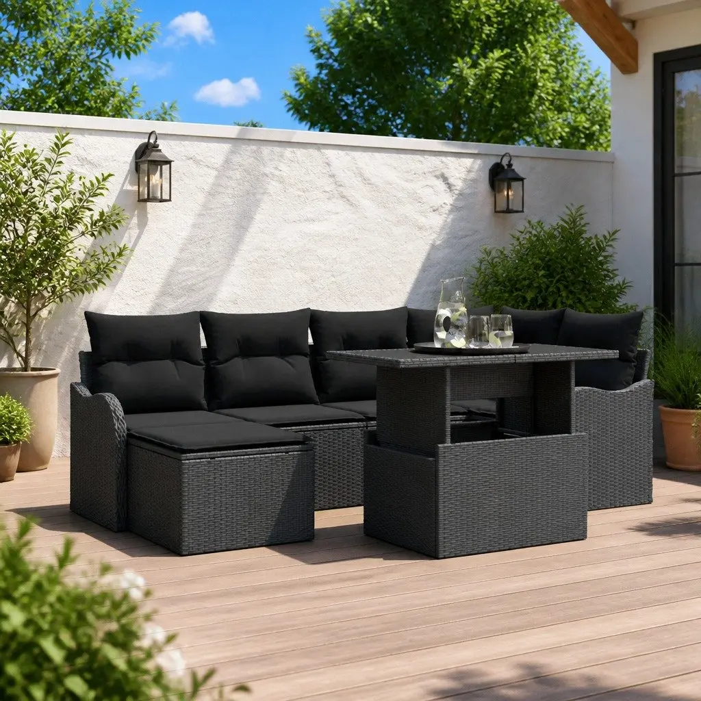 Garden Sofa Set 7 Pieces Outdoor Patio Furniture Black Poly Rattan with Cushions