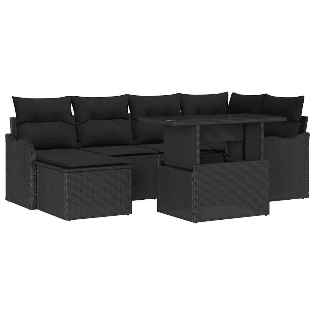 Garden Sofa Set 7 Pieces Outdoor Patio Furniture Black Poly Rattan with Cushions