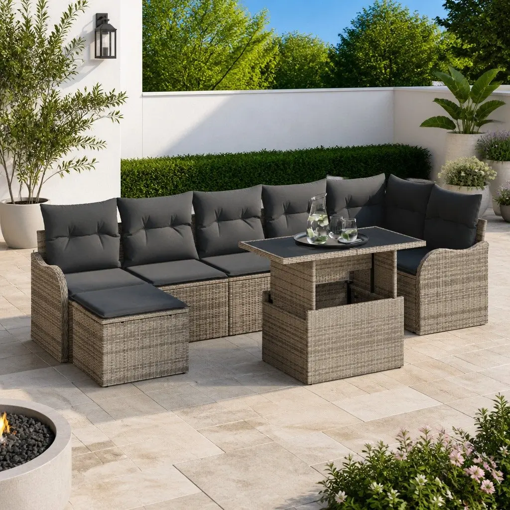 Modular Outdoor Sofa Set Grey Poly Rattan 8 Piece Garden Furniture Sectional