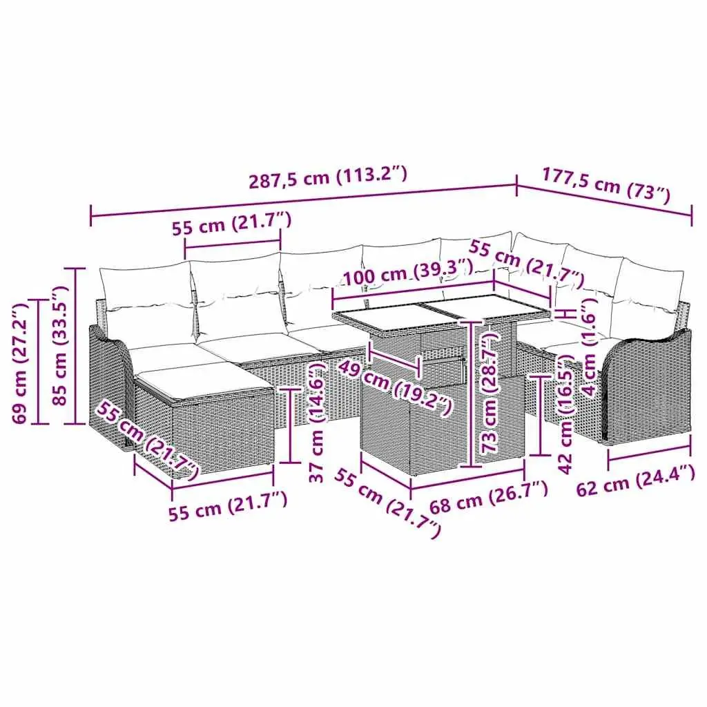 Modular Garden Sofa Set 9 Pieces Outdoor Furniture Grey Poly Rattan with