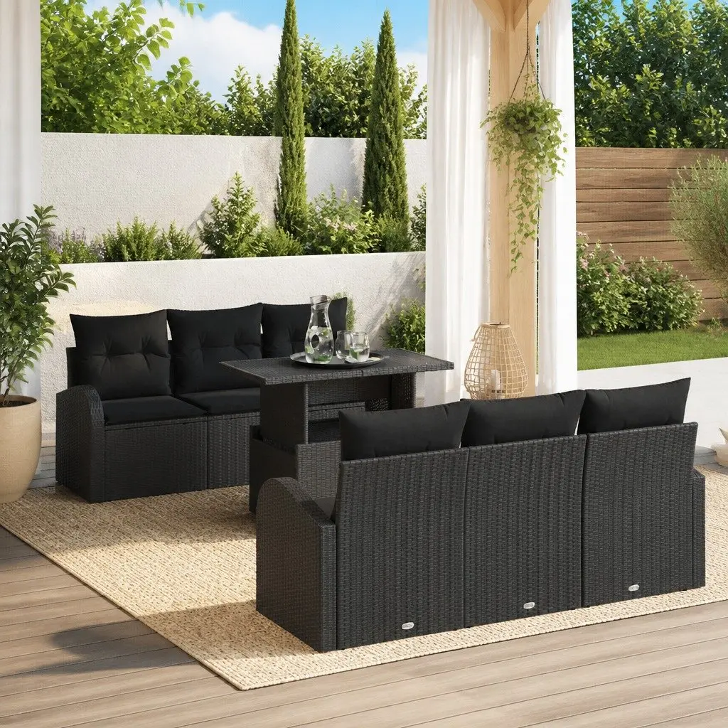 Outdoor Garden Sofa Set 7 Pieces Black Poly Rattan Patio Furniture with Cushions