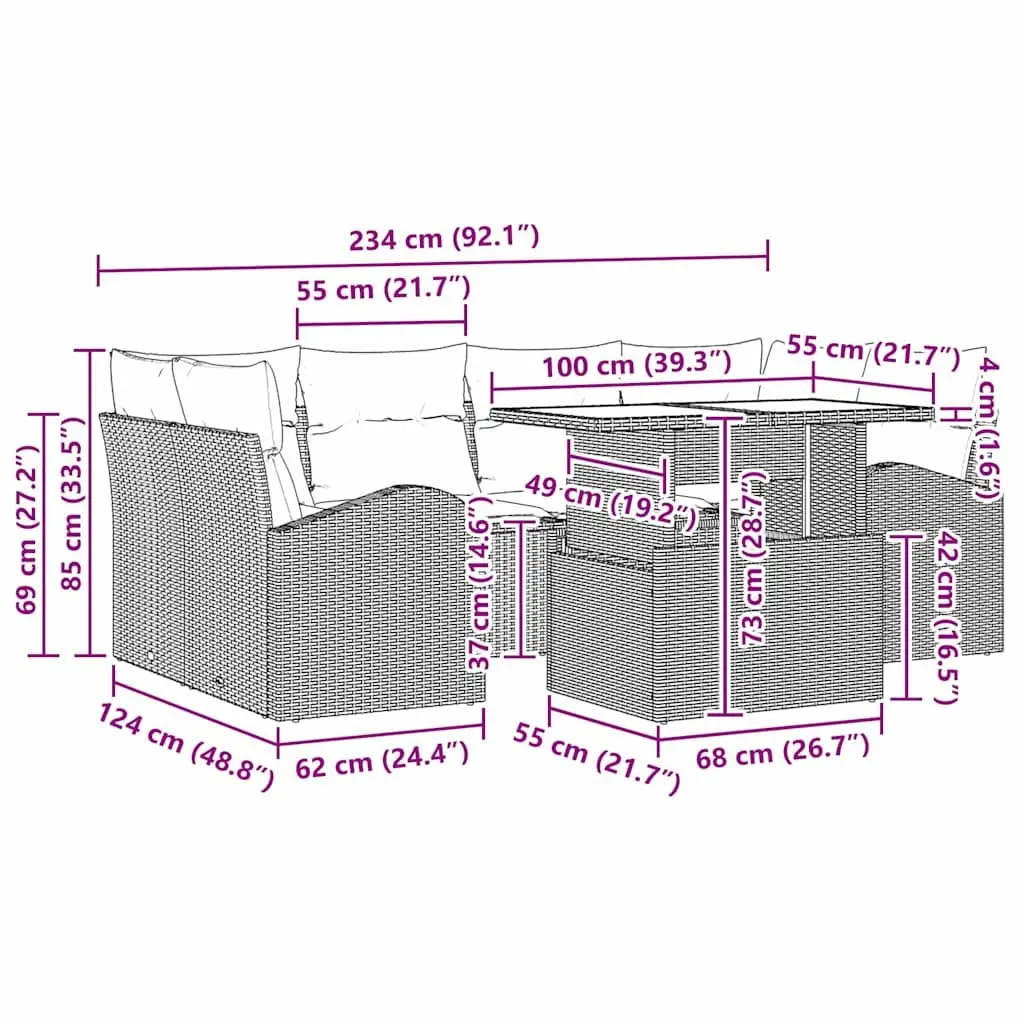 Outdoor Garden Sofa Set Poly Rattan 7 Pieces Black Modular Patio Furniture