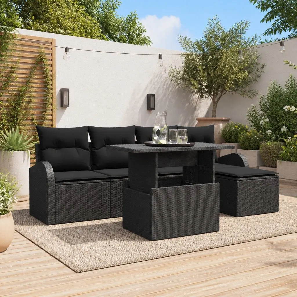 Garden Sofa Set Modular Poly Rattan 6 Piece Outdoor Furniture Black with Cushions