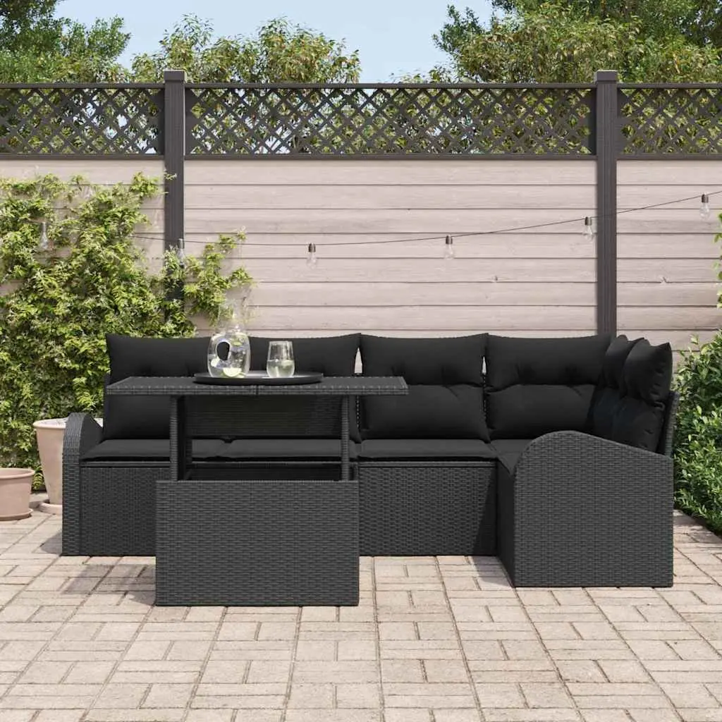 Outdoor Garden Sofa Set 6 Piece Modular Seating Black Poly Rattan with Cushions