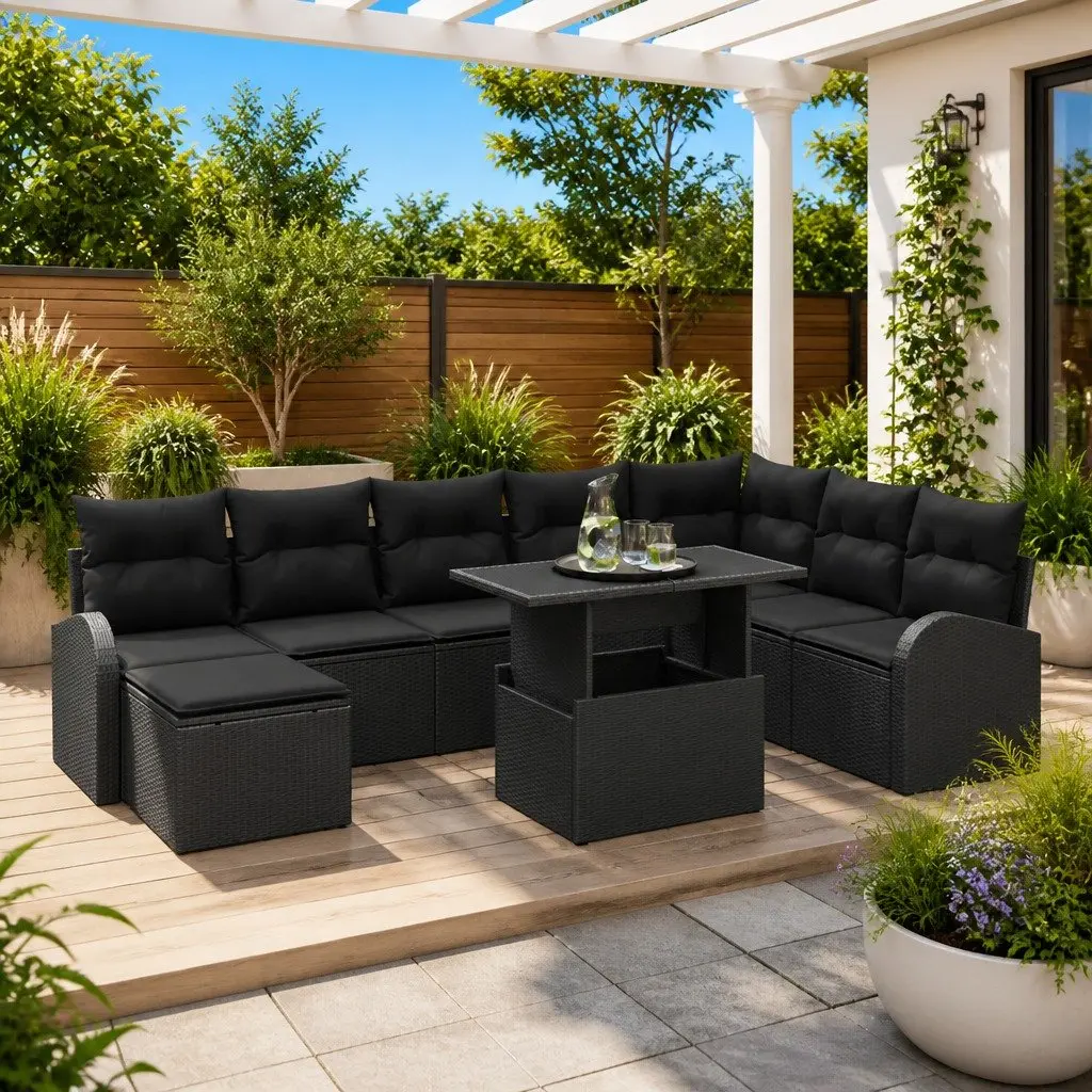 9 Piece Modular Black Poly Rattan Outdoor Patio Sofa Set with Corner Lounge and Customizable Layout