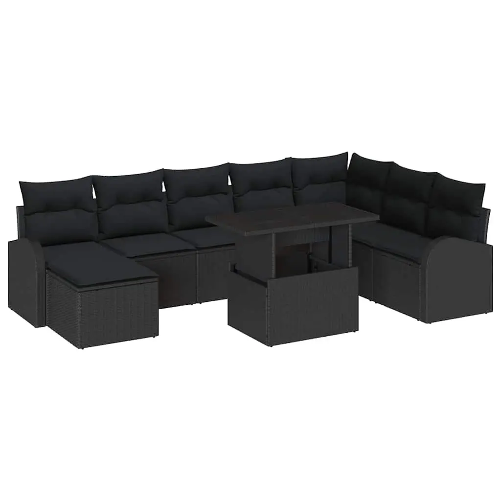 9 Piece Modular Black Poly Rattan Outdoor Patio Sofa Set with Corner Lounge and Customizable Layout