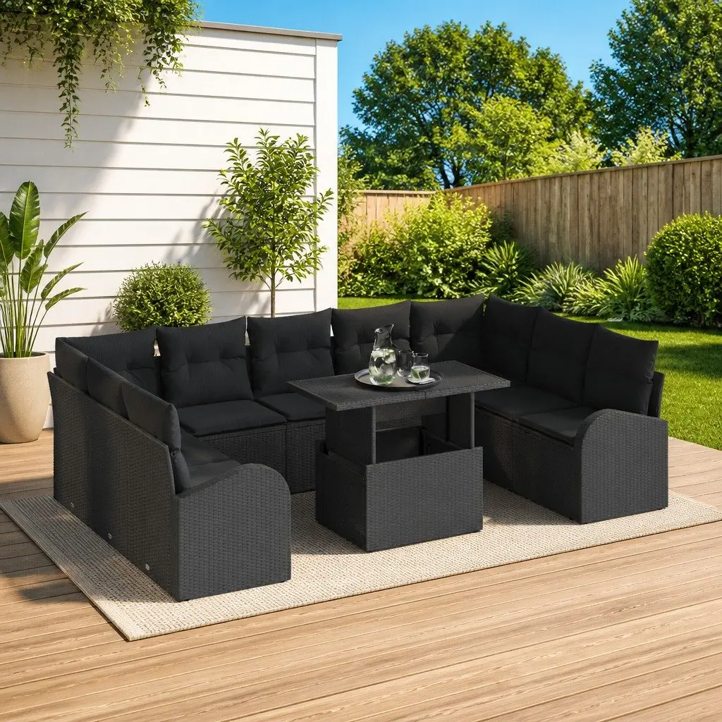 Outdoor Garden Sofa Set Modular Poly Rattan 10 Piece Black with Storage Cushions