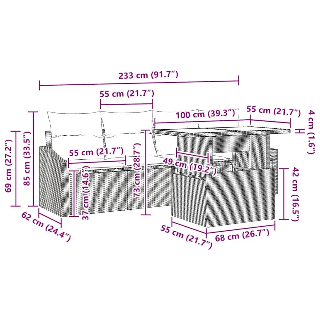 5PieceModularOutdoorSofaSetBlackPolyRattanFurnitureWithCushionsAndGlassTableForPatio