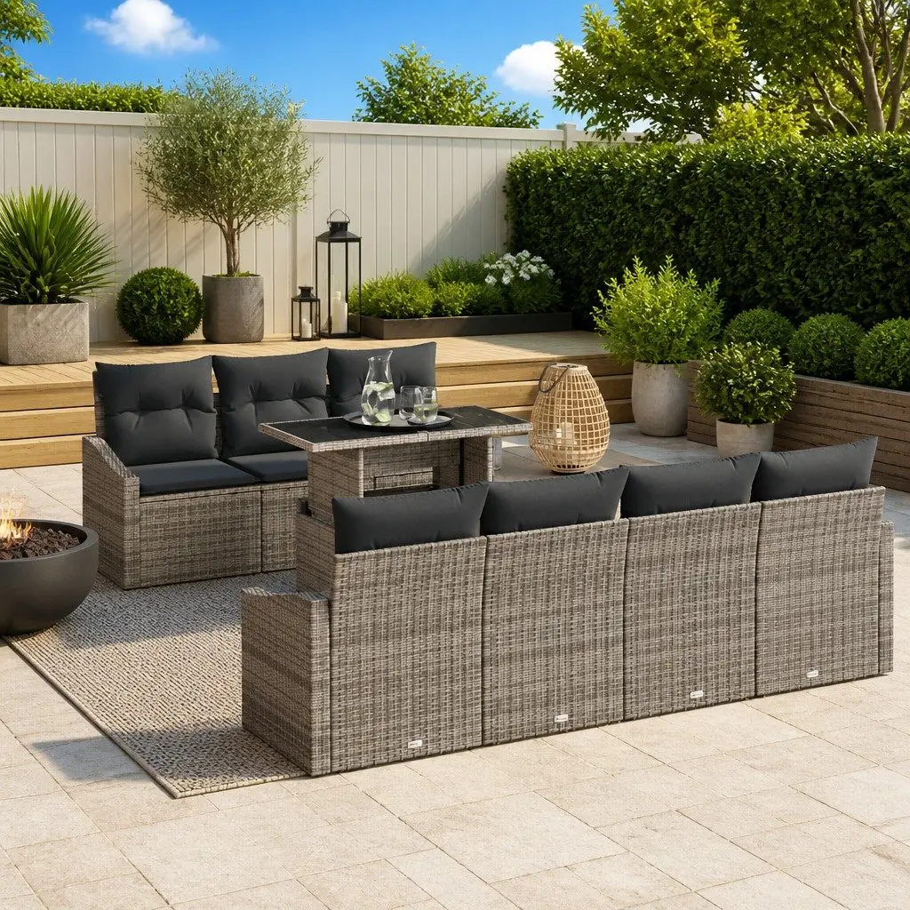 8 Piece Modular Garden Sofa Set Grey Poly Rattan with Cushions