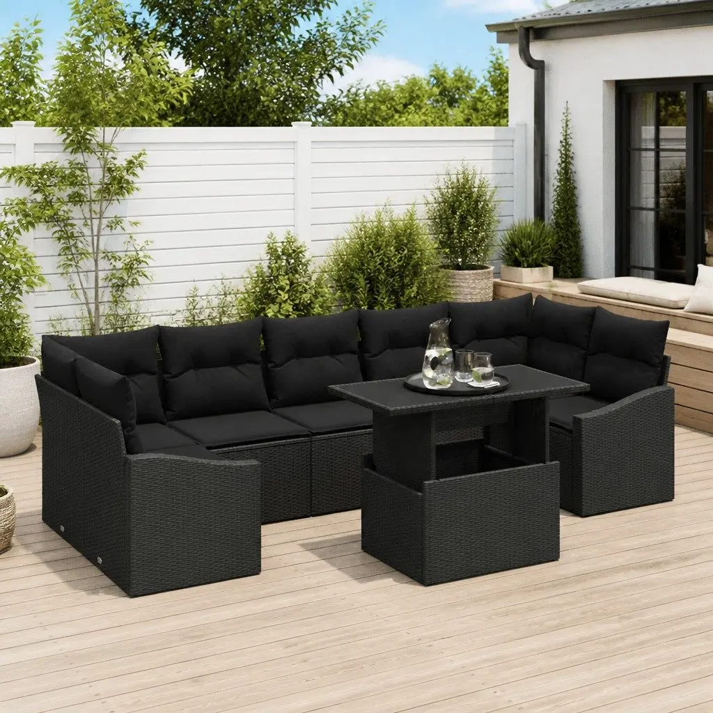 Outdoor Sofa Set Modular Poly Rattan 8 Piece Black with Cushions