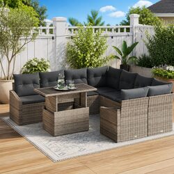 Modular Garden Sofa Set 9 Piece Outdoor Seating Grey Poly Rattan Cushions