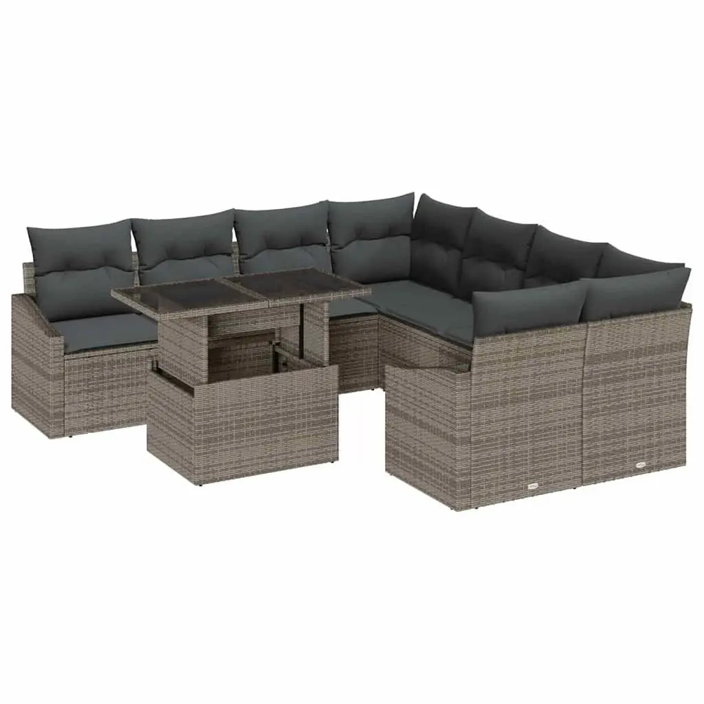 Modular Garden Sofa Set 9 Piece Outdoor Seating Grey Poly Rattan Cushions