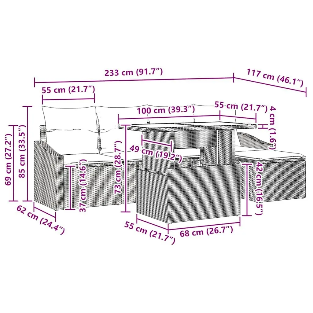 Outdoor Garden Sofa Set Modular Poly Rattan 6 Pieces Grey