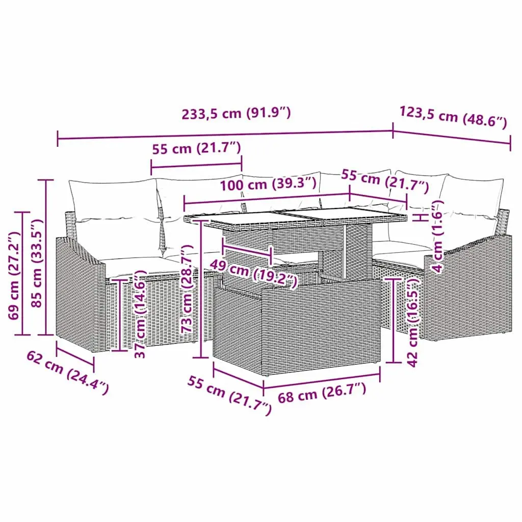 Modular Garden Sofa Set Poly Rattan 6 Piece Grey