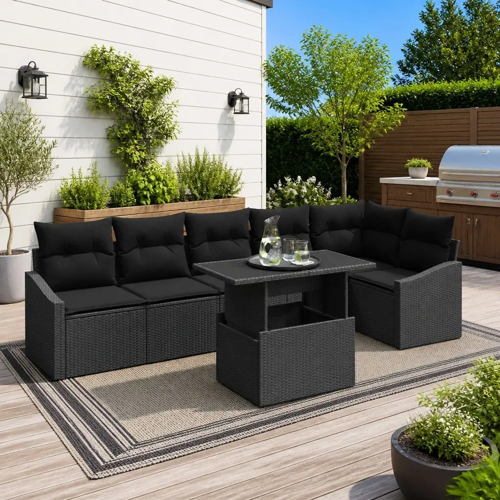 7-Piece Black Rattan Sofa Set for Outdoor Use