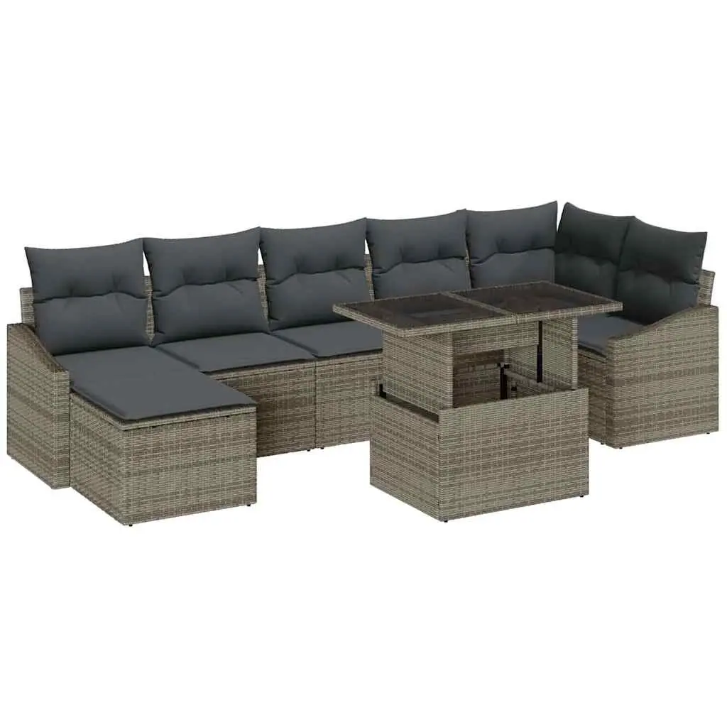 8 Piece Modular Outdoor Seating Set Grey Poly Rattan with Cushions and Tempered Glass Tabletop for Garden and Patio