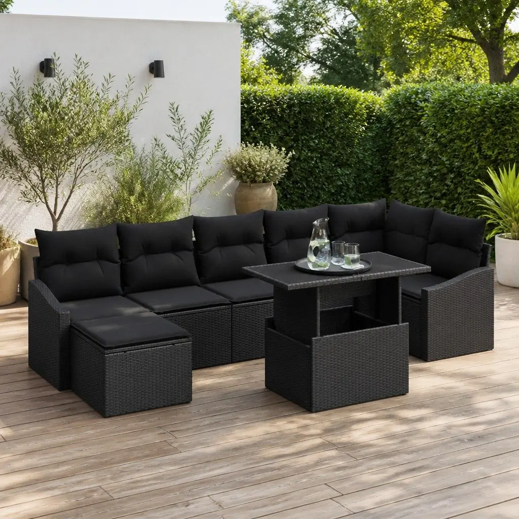 Modular Outdoor Sofa Set Black Poly Rattan 8 Piece Garden Lounge Seating with Tempered Glass Table and Removable Cushions