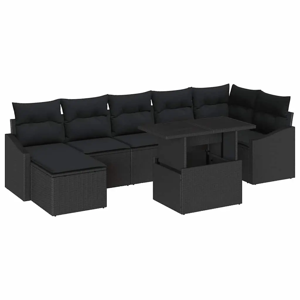 Modular Outdoor Sofa Set Black Poly Rattan 8 Piece Garden Lounge Seating with Tempered Glass Table and Removable Cushions