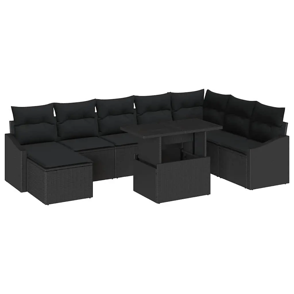 Outdoor Sofa Set 9 Pieces Black Poly Rattan Garden Furniture with Storage