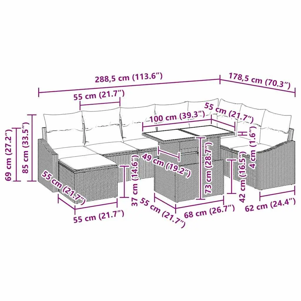 Outdoor Sofa Set 9 Pieces Black Poly Rattan Garden Furniture with Storage