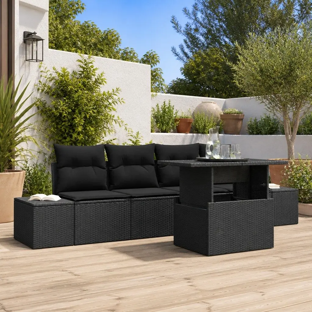 5 Piece Height Adjustable Outdoor Furniture Set Black Poly Rattan with Clear Glass Table and Cushions