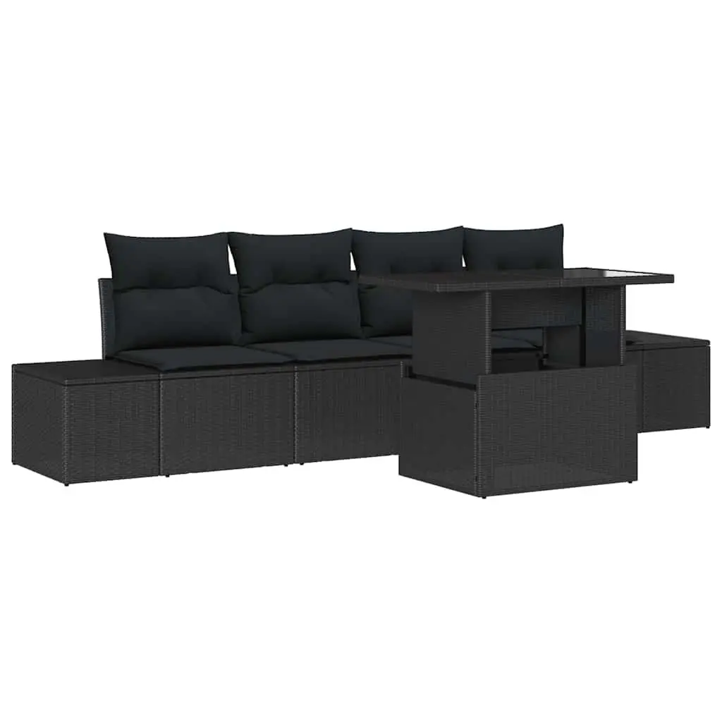 5 Piece Height Adjustable Outdoor Furniture Set Black Poly Rattan with Clear Glass Table and Cushions