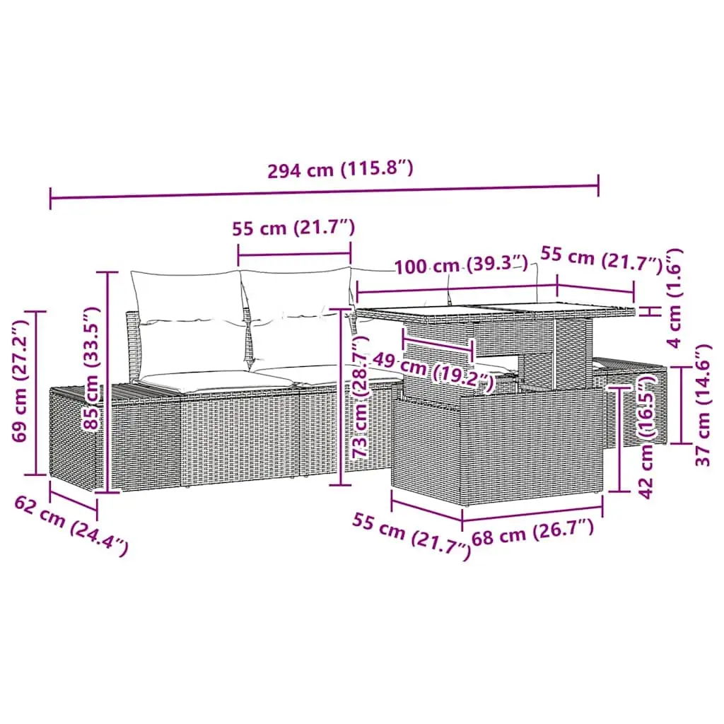 5 Piece Height Adjustable Outdoor Furniture Set Black Poly Rattan with Clear Glass Table and Cushions